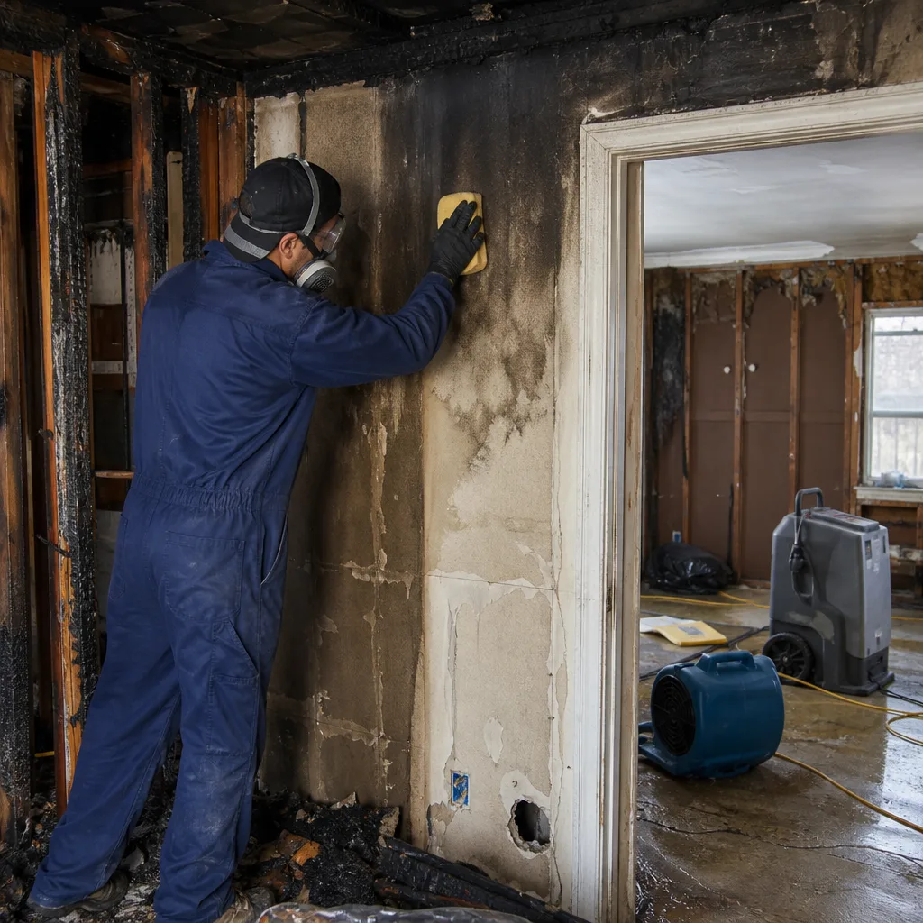Professional performing fire and smoke damage restoration on a soot-covered wall
