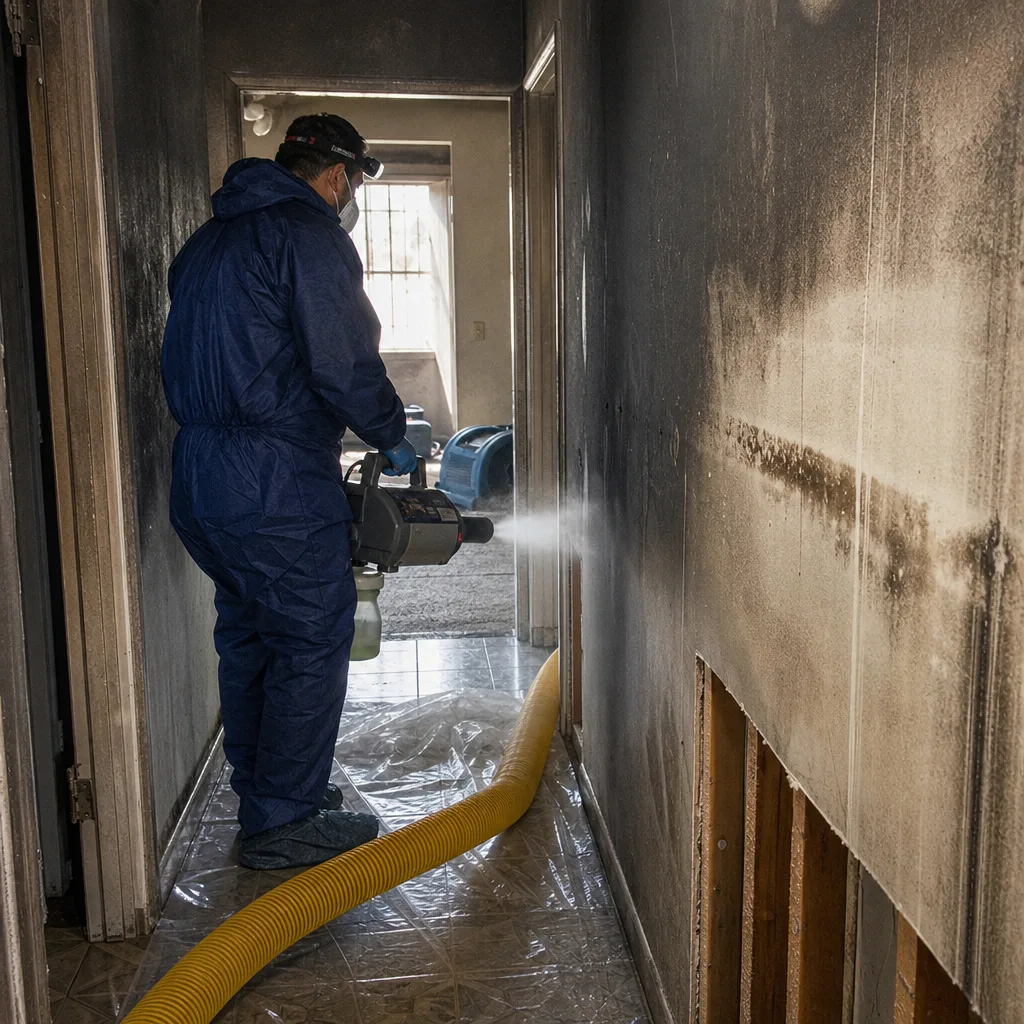 Technician performing fire and smoke damage restoration and odor neutralization