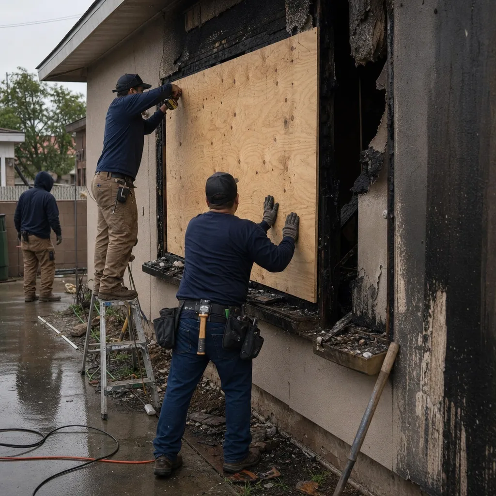 Technicians performing emergency board-up services after fire and smoke damage.