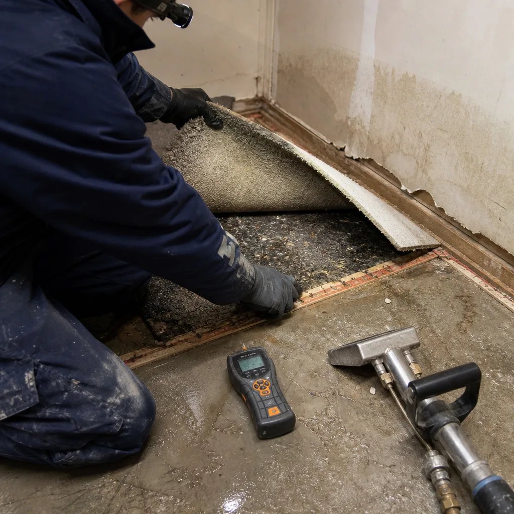 Water damage restoration technician inspecting wet flooring with moisture meter