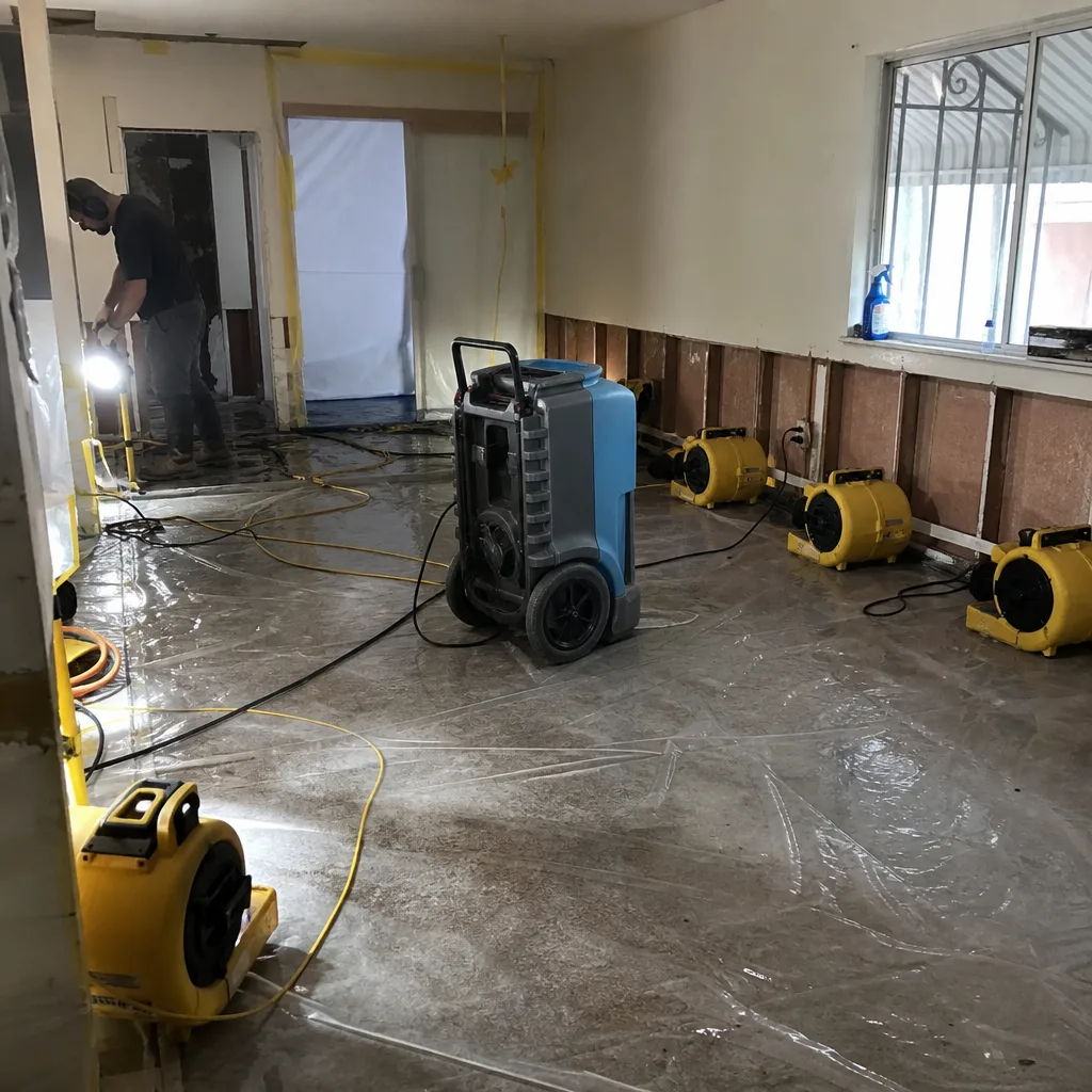 Water damage restoration technician using professional drying equipment in a residential room.