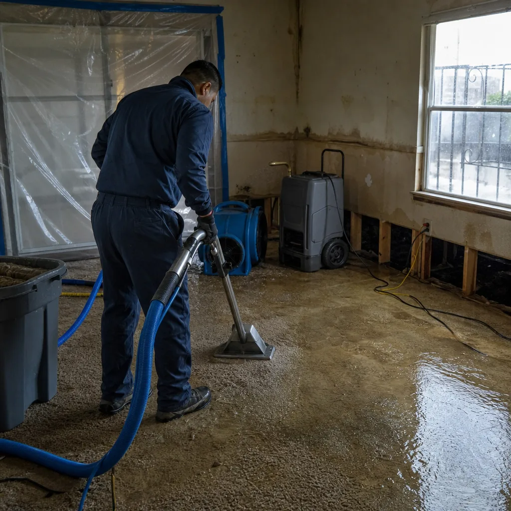 Technician performing professional water damage carpet extraction and restoration services